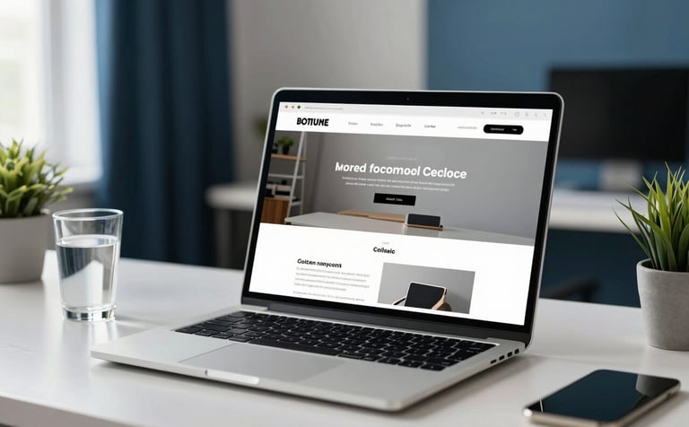 A professional desktop workspace featuring a high-end laptop showing a minimalist, modern website layout. The setting includes a clean desk, a glass of water, and a small plant. The lighting is bright and natural, with accents of dark navy and medium blue in the background office decor.