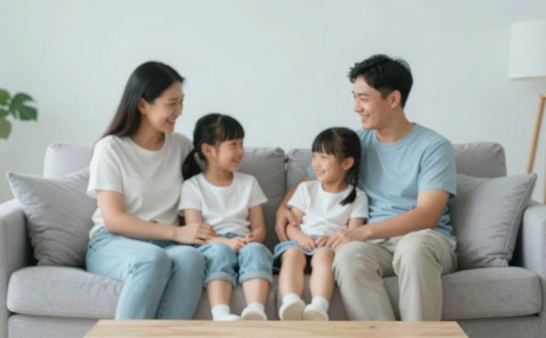 A happy family relaxing on a couch in a bright, airy living room, enjoying a cool and comfortable atmosphere. The room features soft textures and a clean, modern aesthetic with hints of #DBE3E7 blue-gray.