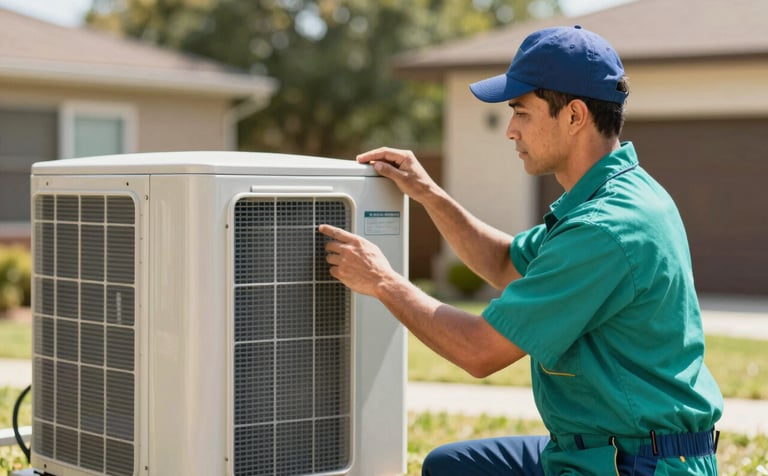 A professional HVAC technician wearing a uniform with teal accents #488C9C, inspecting an outdoor air conditioning unit in a sunny Waco, Texas residential backyard. High-quality, modern photography with a focus on trust and reliability.