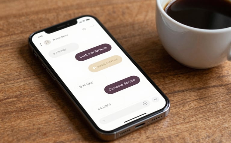 A close-up of a modern smartphone displaying a clean customer service chat interface. Beside it, a warm cup of coffee rests on a wooden surface. The composition is sophisticated and user-centric, using the brand colors #5C4B5C and #F0EAD6 to create a professional and inviting atmosphere.