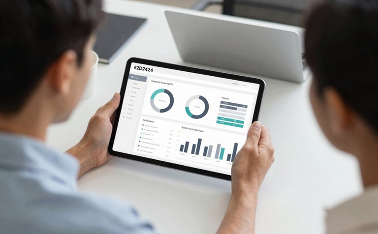 An overhead shot of a collaborative workspace with a tablet showing a detailed business analytics dashboard. The lighting is bright and clear, emphasizing professionalism and trust. Sophisticated branding elements in #2D2424 and #B8A1A1 are integrated into the modern office setting.