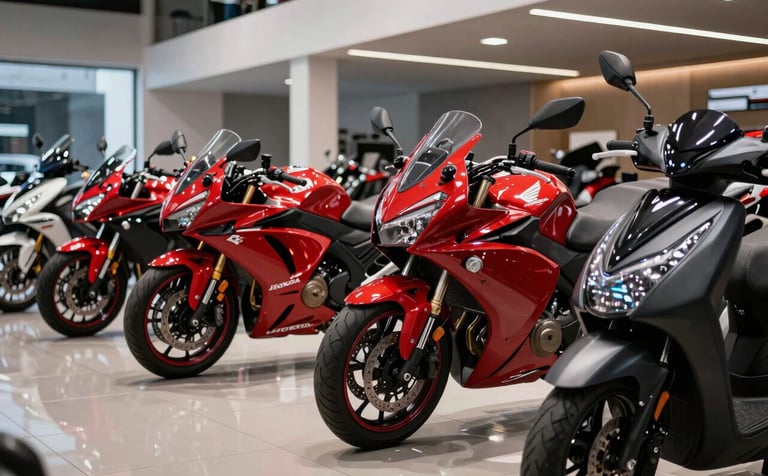 A high-end showroom in Bogotá, South America, featuring a lineup of brand new Honda motorcycles including red sport models and sleek black scooters. The lighting is professional and modern, reflecting off the polished floor and chrome finishes in a technological atmosphere.
