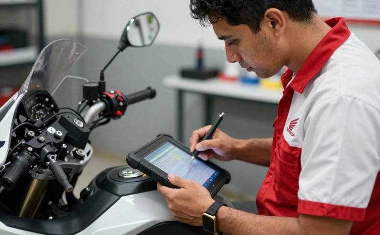 A specialized Colombian technician in a red and white Honda uniform working on a motorcycle in a clean, high-tech service center. He is using a digital diagnostic tablet, showcasing a professional and technological maintenance process.