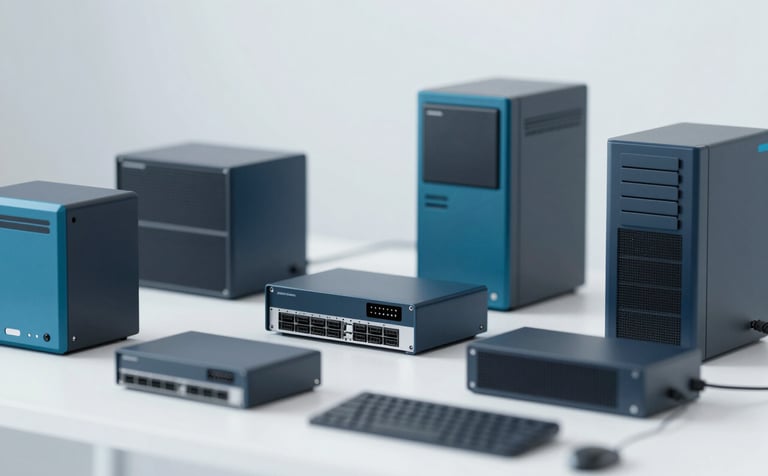 An array of modern computer hardware and enterprise network equipment displayed on a clean, bright surface. The style is minimalist and high-tech, using #F0F4F8 backgrounds and professional #1F4A6D accents on the devices.