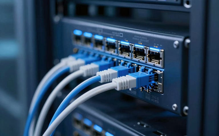 A professional server room view featuring a network switch with numerous glowing blue and white ethernet cables plugged in. The lighting is crisp and technical, emphasizing a cutting-edge IT environment. The color palette includes #0A192F and #60A5FA.