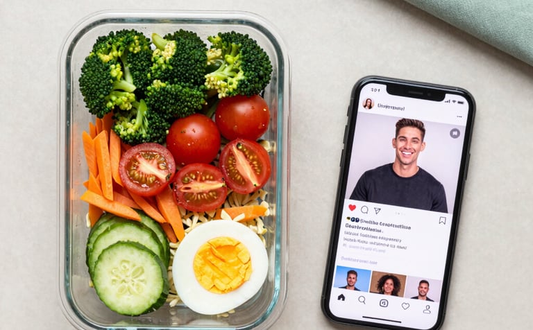 A top-down, premium flat-lay of a glass meal prep container filled with colorful healthy food. Next to it sits a sleek smartphone showing a high-engagement social media profile. The background is a clean, neutral surface with a hint of sage green (#A3BFB0) fabric. Modern, professional lighting.