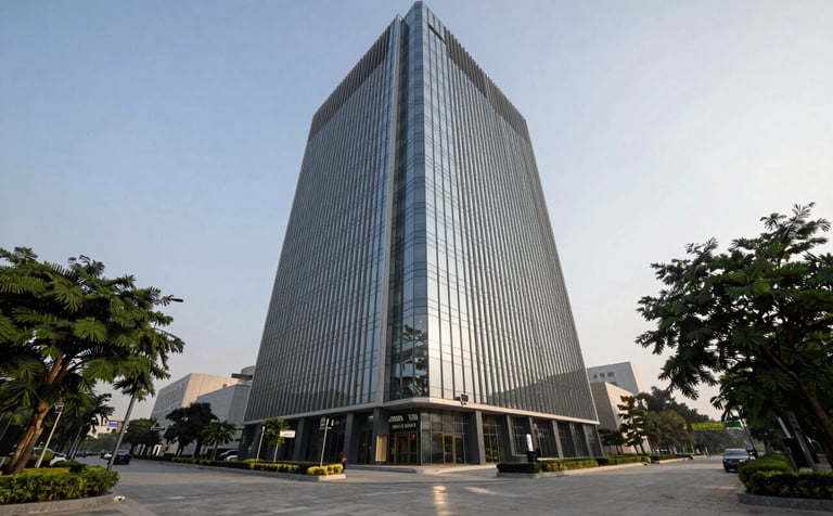 Professional photography of a sleek, modern commercial glass skyscraper in Noida’s business district. The shot is a low-angle perspective showing the building reaching into a clear sky. South Asian / Indian corporate environment with clean pavement and manicured trees, reflecting a sophisticated and expert business atmosphere.