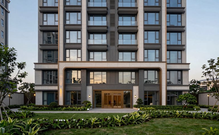 A high-definition architectural photograph of a modern luxury apartment complex in Noida, South Asian / Indian urban setting. The building features clean lines and large glass windows reflecting a muted blue sky at sunset. The foreground includes lush green landscaping and professional lighting, conveying a sense of premium residential living.