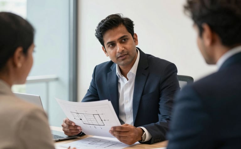 An indoor scene showing a professional South Asian / Indian real estate consultant in a dark navy suit discussing architectural plans with a client. The setting is a bright, modern office with light blue and off-white accents, soft natural lighting, and a focused, trustworthy atmosphere.