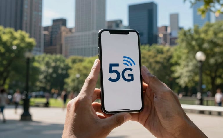 A close-up of a person's hands holding a sleek smartphone in a vibrant North American / US city park. The screen shows a 5G signal icon. The lighting is crisp afternoon sun, with slate blue tones from the city architecture in the background.
