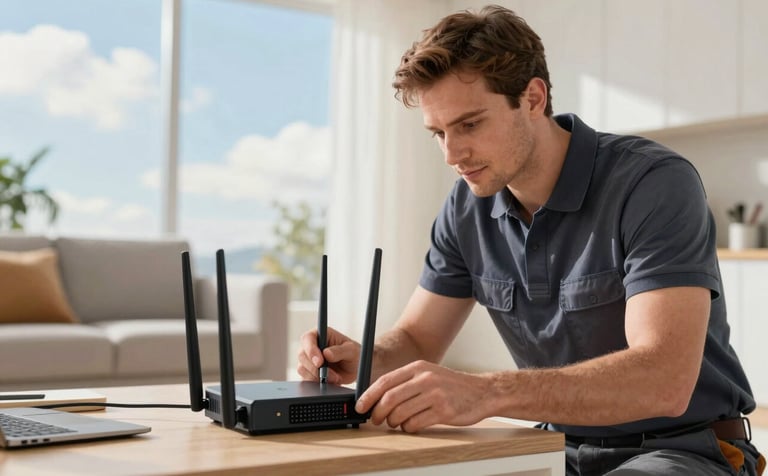 A professional technician in a modern North American / US home setting, installing a high-speed router. The scene is brightly lit with natural morning light, featuring soft cloud and sky blue accents in the decor to match the brand mood of reliability and clarity.