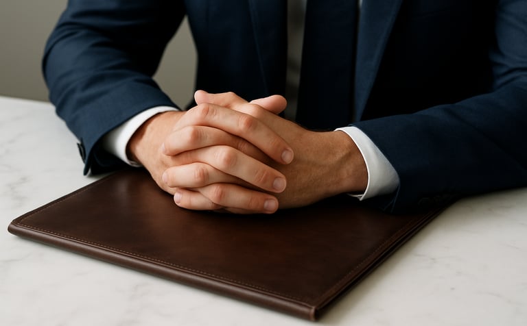 A close-up photograph of a solicitor's hands in a professional navy suit jacket, resting on a leather-bound legal folder on a white marble tabletop. The composition is clean and modern, conveying trust and meticulous attention to detail in an Australian context.