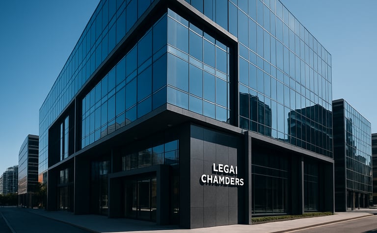 A sophisticated photograph of the exterior of a modern Australian legal chambers building in a metropolitan area. The architecture is sleek with glass panels reflecting a bright blue sky. The style is authoritative, premium, and professional.