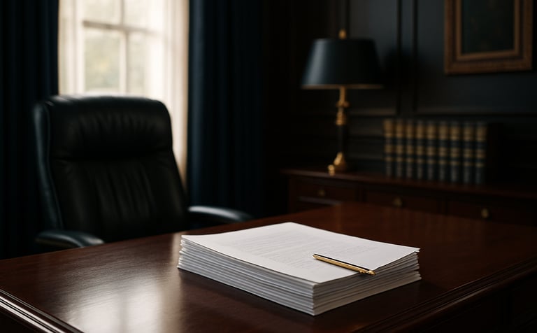 A high-end photograph of a professional Australian law office interior. A clean mahogany desk holds a stack of legal documents and a gold pen. Soft natural morning light streams through a window, highlighting rich textures. Deep navy and gold accents are present in the professional decor.