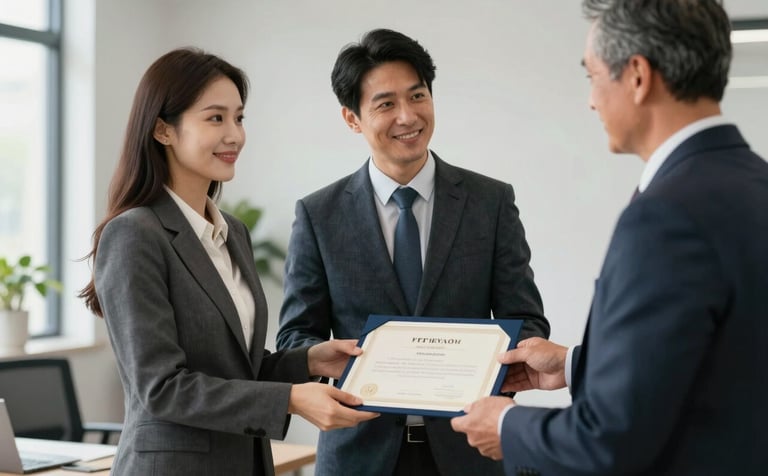 A young professional in a North American / US corporate setting receiving a certificate from a mentor. The aesthetic is sophisticated and trustworthy, with a palette of dark slate, medium blue-grey, and pale off-white accents in the office decor.
