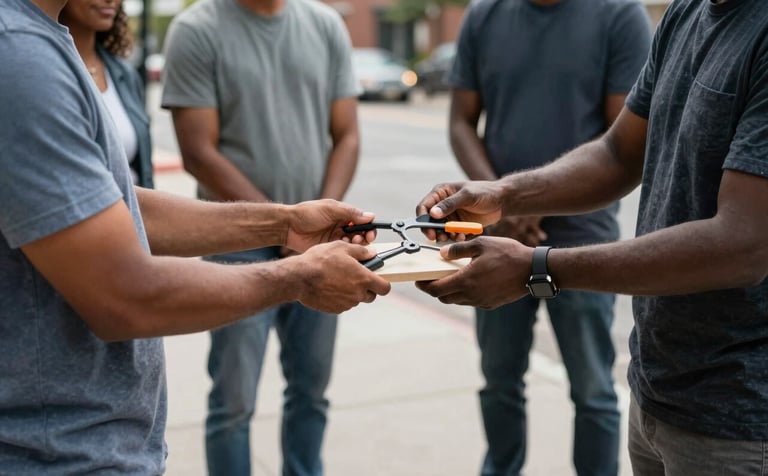 A direct-impact scenario where a foundation representative in a North American / US urban neighborhood is handing over specialized tools to a local community group. The setting is a clean, sunlit city courtyard with medium blue-grey and dark slate tones in the clothing and equipment.
