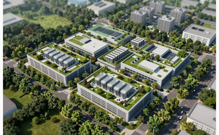 An aerial view of a sustainable business park with integrated carbon capture units and rooftop greenery. The environment is lush and vibrant, highlighting the contrast between tech and nature with colors #1B3A32, #4F7E6B, and #F0F4EF.