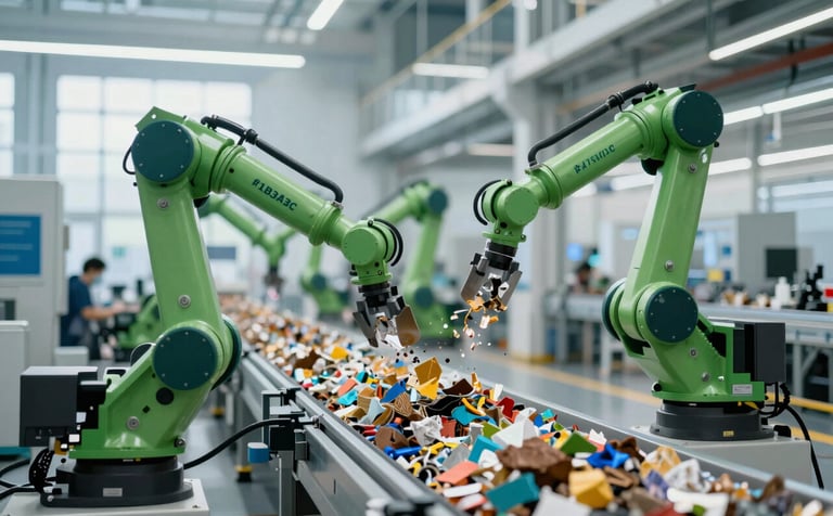 A wide shot of a futuristic, clean-tech waste management facility featuring advanced robotic arms sorting recyclable materials on a conveyor belt. The scene is bathed in bright, natural light with prominent accents of #1B3A32 and #4F7E6B. Professional and industrial aesthetic.