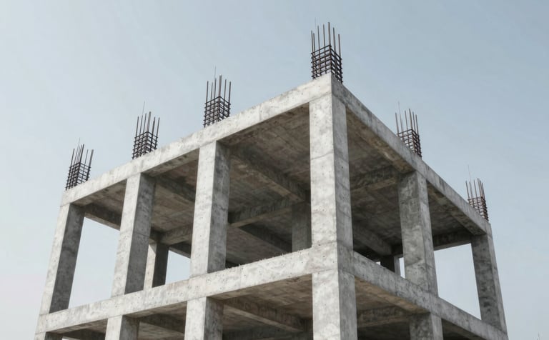 A low-angle shot of a modern reinforced concrete structure under construction. The geometry is sharp and precise against a clear sky. The image emphasizes structural strength and engineering reliability, featuring a palette of #CFD8DC and #2D3E50.