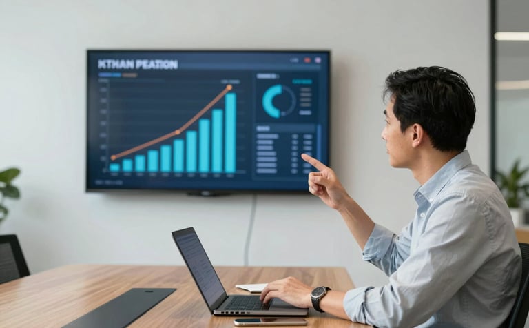 A tech consultant in business casual attire in a bright North American boardroom, discussing performance metrics shown on a wall-mounted screen. The lighting is clean, emphasizing a trustworthy and efficient digital management environment.