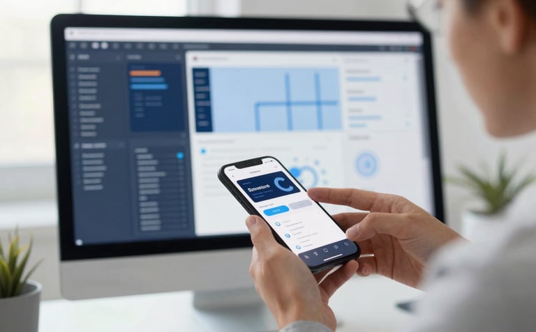 A high-end North American office workspace with soft morning light. A professional is reviewing a sleek mobile app prototype on a smartphone, while a large blurred monitor in the background shows detailed wireframes in Navy Blue and Pale Blue tones. Clean, modern composition.