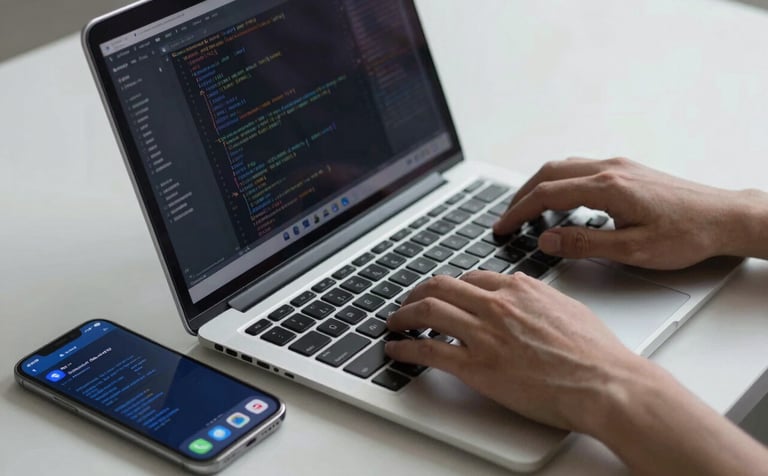 Close-up of hands typing on a modern laptop in a minimalist North American tech hub. Beside the laptop, an iPhone and an Android device display active code-driven interfaces with Cornflower Blue accents. Sharp focus and professional atmosphere.