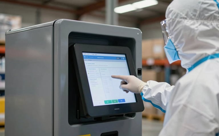 A close-up shot of an Australian worker in PPE using a digital payment screen on a grey and black industrial vending machine inside a large warehouse. The lighting is crisp and modern.