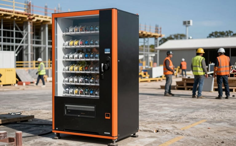 Professional photography of a robust, black and orange industrial vending machine located on a sunny Oceania construction site. In the background, modern steel structures and workers in high-visibility safety gear are visible under bright daylight.