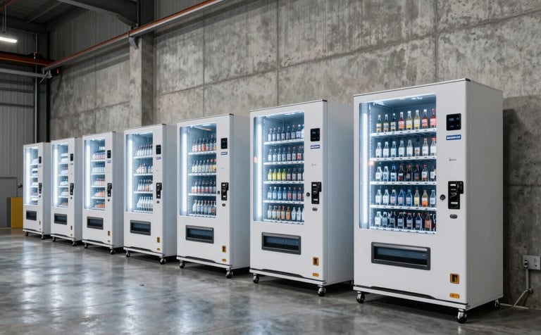 A wide-angle shot of a fleet of professional vending machines with BuildFuel PRO branding, lined up against a concrete wall in a high-tech industrial facility in Australia. Modern, cool lighting.