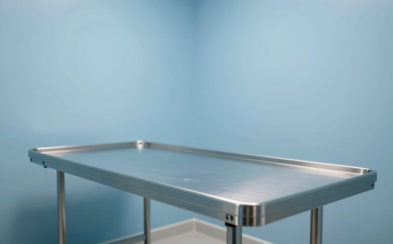 High-quality photography of a clean and minimalist veterinary consultation room in Latin America / Spain. The room features a modern metal table and soft sky blue walls, creating a reassuring and clinical environment.