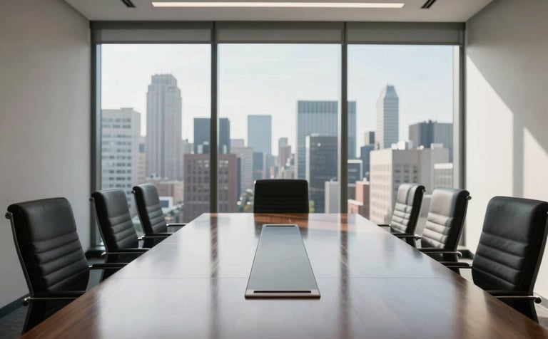 A minimalist, sunlit boardroom in a US skyscraper overlooking a cityscape. A polished wooden table reflects the sophisticated, insightful, and calm mood of a high-stakes strategy firm.