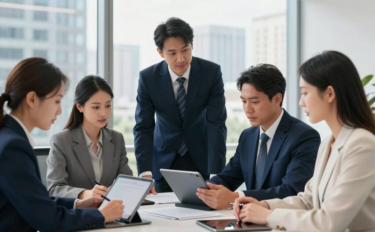 A high-end modern office setting in a North American city. Professionals are engaged in a collaborative session around a table with tablets and documents. The atmosphere is professional and authoritative, with soft morning light and a palette of navy blue and off-white.