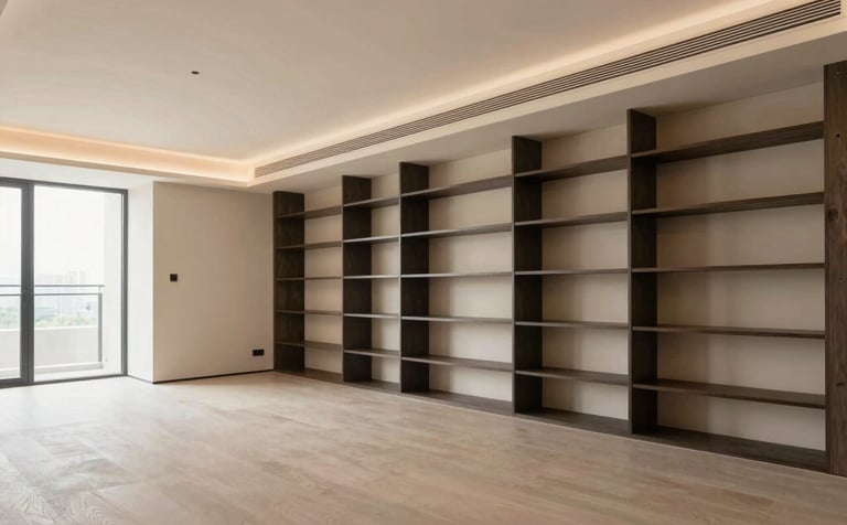 A wide-angle professional photograph of a completed luxury penthouse interior. The design features a palette of soft cream and warm taupe, with innovative dark charcoal shelving. The space is inspiring, professional, and serene.