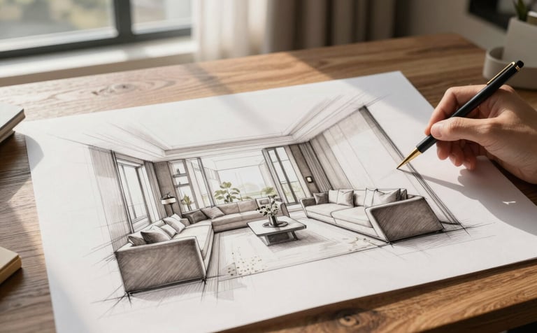 A high-end architectural sketch of a luxury living room on a wooden table. The drawing features minimalist lines, pearl white walls, and warm taupe furniture. Soft morning sunlight streams through a large window, creating a serene and professional atmosphere.