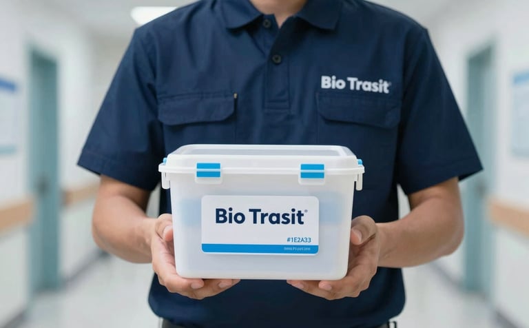 A close-up shot of a courier wearing a professional uniform with a subtle Bio Transit logo, carefully holding a secure, temperature-controlled biological specimen container. The background is a clean, modern hospital hallway in soft focus. Lighting is bright and sterile. Brand colors #1E2A38 and #A0D2DB are incorporated in the uniform and container accents.