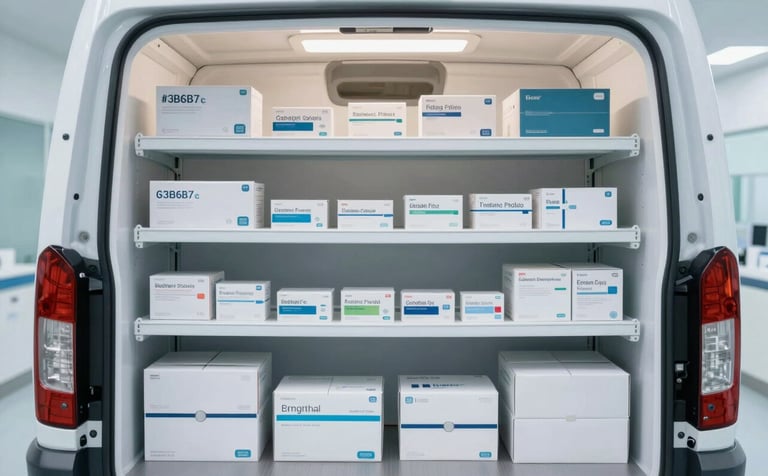 A view into the back of a pristine medical delivery van showing organized, secure shelving units containing pharmaceutical boxes. The interior is brightly lit with a clean, white and clinical aesthetic. The palette features #3B6B7C and #F5F8FA, emphasizing order and medical-grade cleanliness.