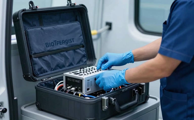 A technician wearing blue medical gloves is securing a piece of advanced electronic medical equipment into a custom-fitted, padded transit case inside a Bio Transit vehicle. The setting is clean and professional, with cool blue lighting. The brand colors #1E2A38 and #3B6B7C provide a sense of technical precision and safety.