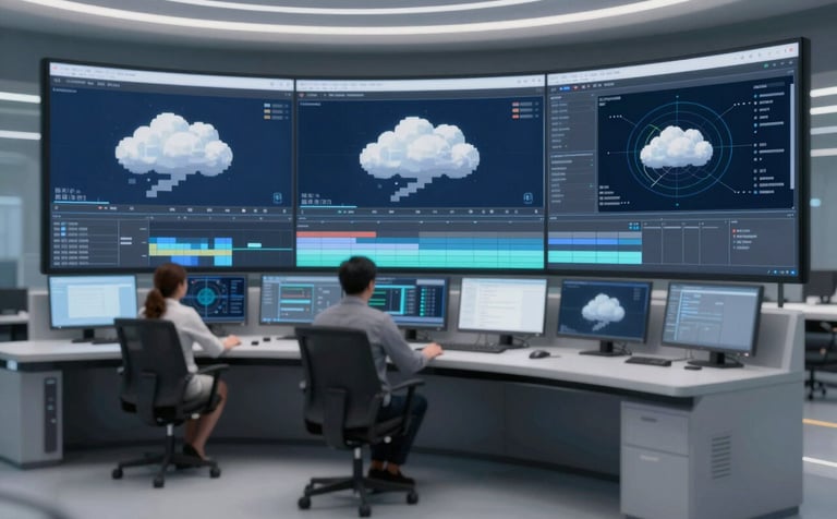 A futuristic production control room with wide curved monitors displaying video editing timelines and cloud telemetry charts. Professional, sophisticated atmosphere using brand colors #0F172A and #A1B5BB.