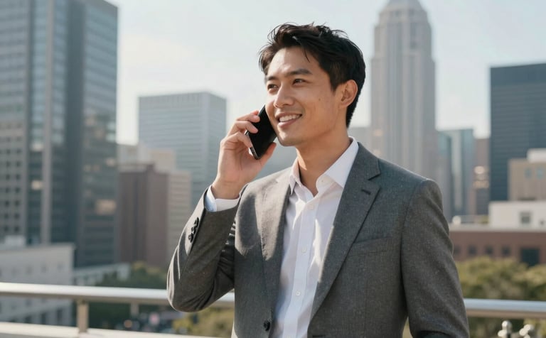 A successful business entrepreneur in a bright North American / US city environment using a mobile app with confidence. The background shows a modern skyline with Sage Grey tones.