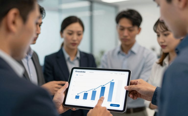 A close-up of a diverse professional team pointing at a growth chart on a tablet. The mood is collaborative and authoritative. The background is a blurred, efficient office space. Highlights subtle brand colors #4A729A and #E9F2F7.