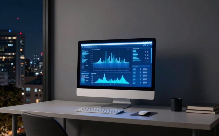 Interior photography of a minimalist home office in a Latin American city skyscraper at night. A large, ultra-thin computer screen displays vibrant blue data charts and analytics. Soft grey and dark navy tones with sharp electric blue lighting.
