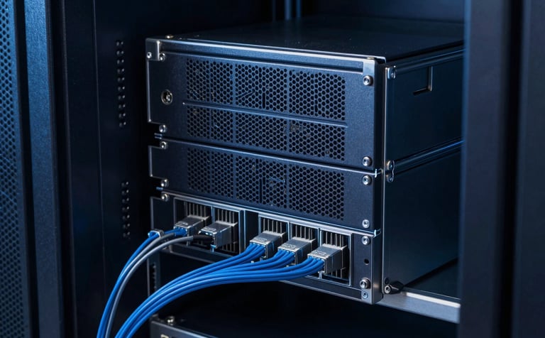 Close-up of high-performance server hardware in a professional data center located in a modern Latin American tech hub. Subtle electric blue light glow on cables and metallic surfaces, reflecting a dark navy background. Minimalist and technical.