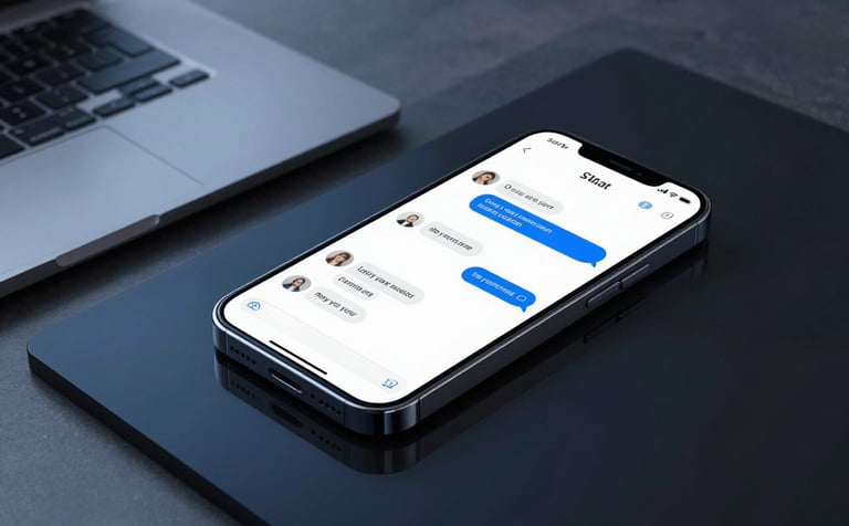 Modern photography of a sleek smartphone on a black glass desk in a minimalist Latin American office. The screen shows a clean chat interface with electric blue accents. Sharp lighting, deep dark blue shadows, and a professional, high-tech mood.