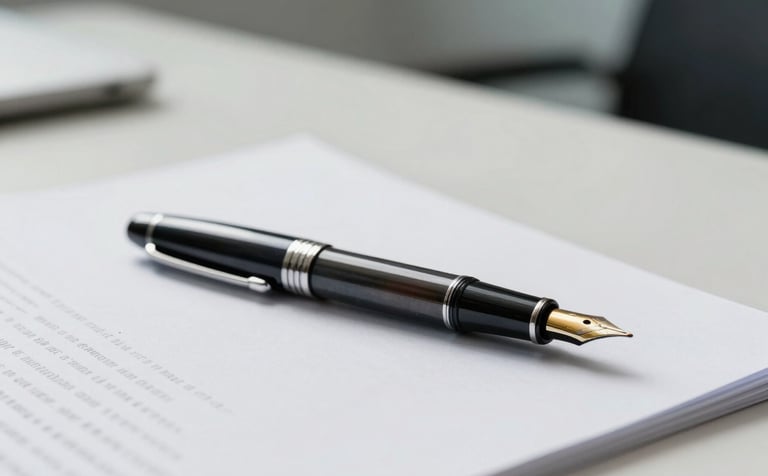 A close-up photograph of an elegant fountain pen resting on a crisp white legal document. The background is a blurred minimalist office desk with soft off-white and muted blue-grey tones, emphasizing professional focus and clean lines.