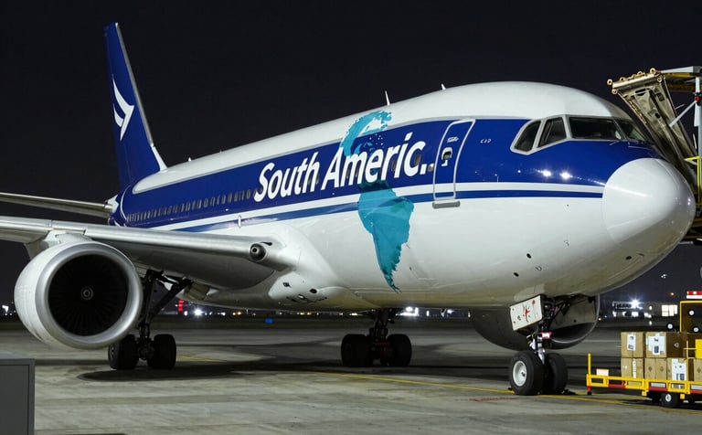 A modern cargo airplane being loaded with packages at night under bright industrial lights, reflecting Deep Navy Blue and Pale Greyish Blue colors, symbolizing speed to South America.