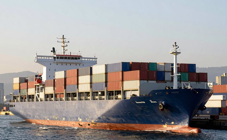 A large commercial shipping vessel at a port, stacked with containers, set against a professional background that hints at a South American / Bolivian city coastal trade hub, clean morning light.