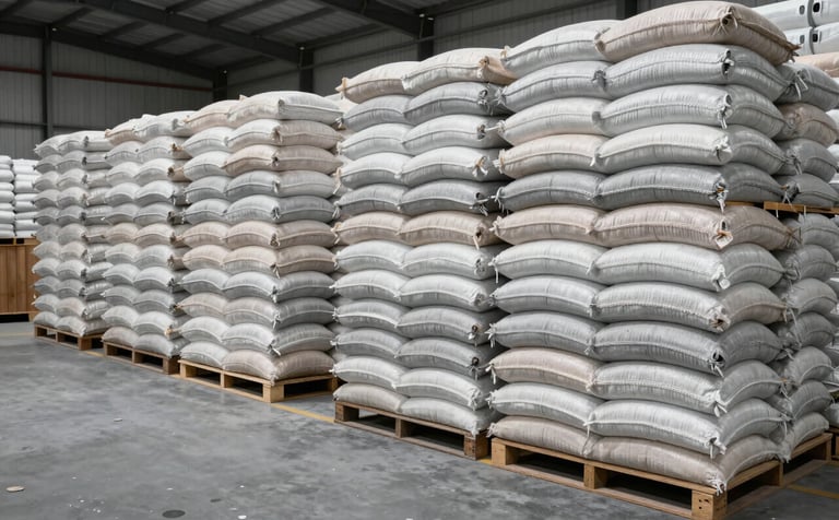Massive stacks of agricultural sacks neatly arranged in a clean, ventilated warehouse section in India. The composition shows the scale of the bulk storage area, with silver grey floors and professional organization.
