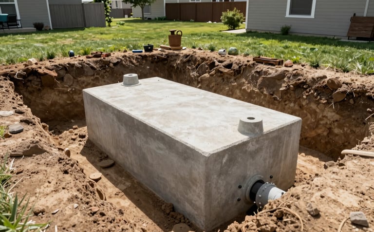 A wide shot of a neatly managed septic system installation site in a North American backyard. A new concrete tank is partially visible in a clean excavation. Bright daylight.