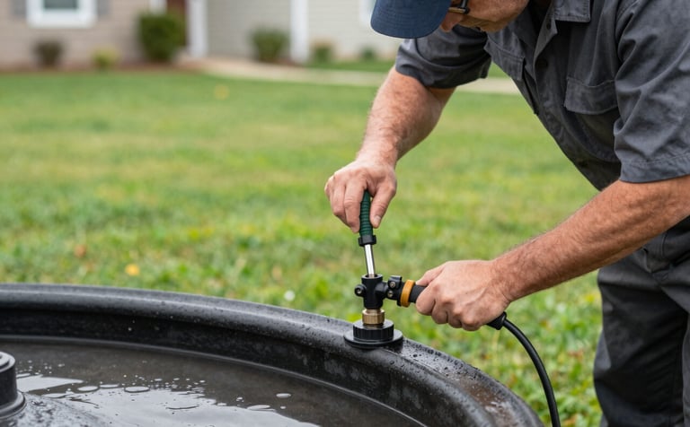 A technician in professional attire performing a septic tank inspection on a vibrant green lawn of a US home. Close-up on the inspection tools, high-detail texture, clean and reliable mood.
