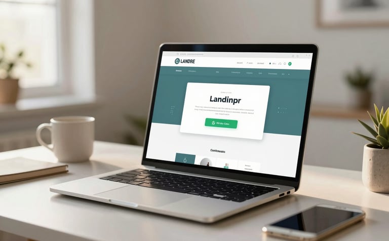 A sleek laptop on a minimalist desk in a bright Malaysian home office, displaying a clean landing page with a prominent WhatsApp contact button. The scene is lit with warm, natural afternoon light, incorporating #1C2D2F and #A4C3A8 accents in the room decor.